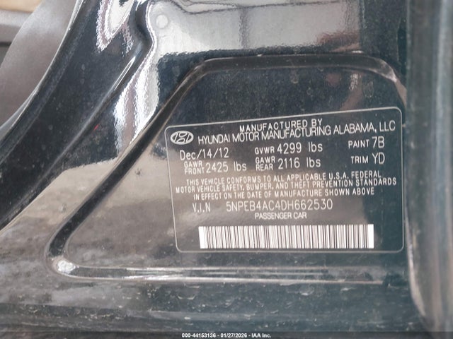 2013 Hyundai Sonata Gls მანქანა იყიდება აუქციონზე, vin: 5NPEB4AC4DH662530, აუქციონის ნომერი: 44153136