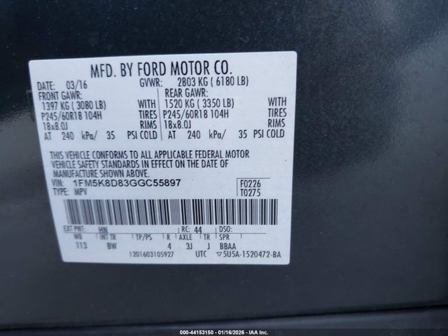 1FM5K8D83GGC55897 Ford EXPLORER XLT