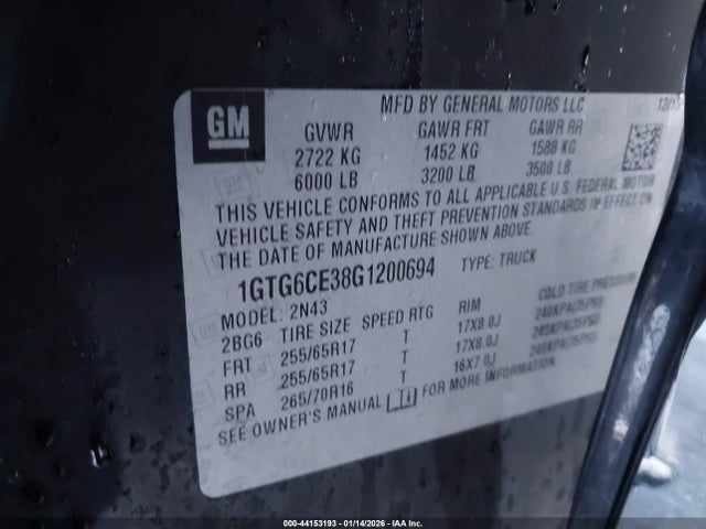 44153193 :رقم المزاد ، 1GTG6CE38G1200694 vin ، 2016 Gmc Canyon Sle مزاد بيع