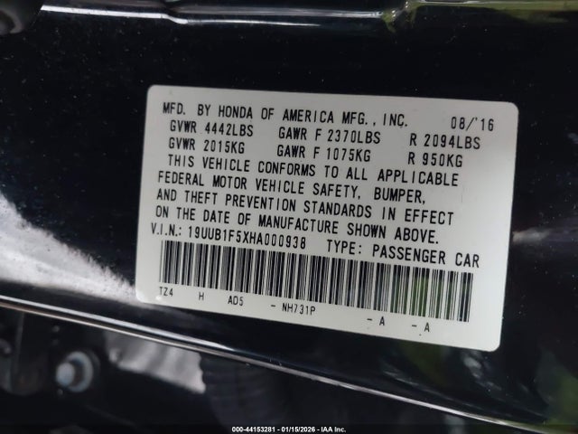 44153281 :رقم المزاد ، 19UUB1F5XHA000938 vin ، 2017 Acura Tlx Technology Package مزاد بيع