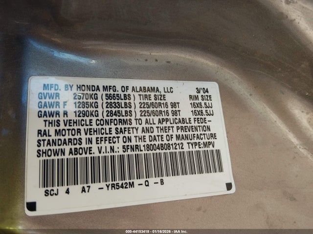 Продаж на аукціоні авто 2004 Honda Odyssey Ex-l, vin: 5FNRL18004B081212, номер лоту: 44153418