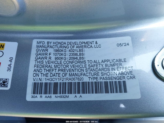 1HGCY1F21RA067820 Honda ACCORD LX