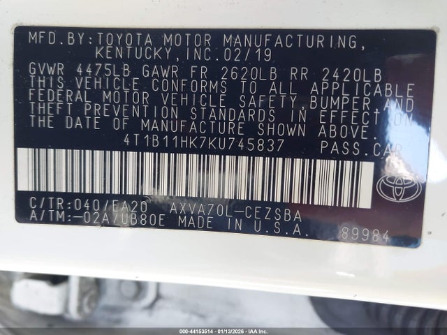 4T1B11HK7KU745837 Toyota CAMRY SE