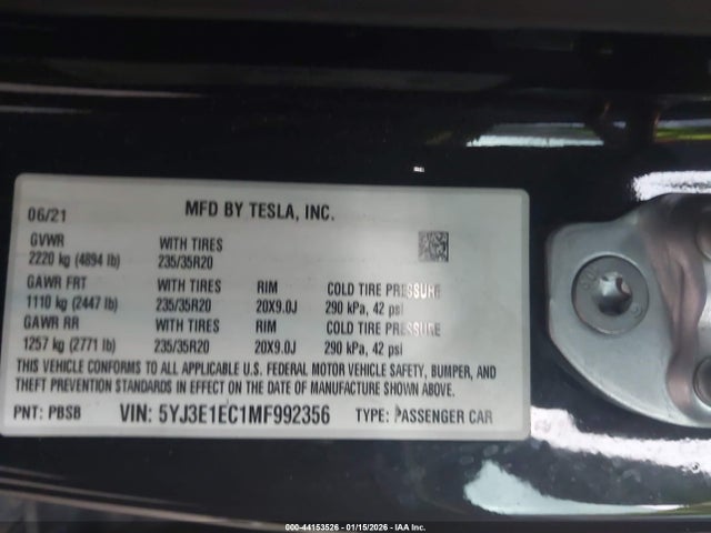 Aukcja sprzedaży 2021 Tesla Model 3 Performance Dual Motor All-wheel Drive, vin: 5YJ3E1EC1MF992356, numer aukcji: 44153526