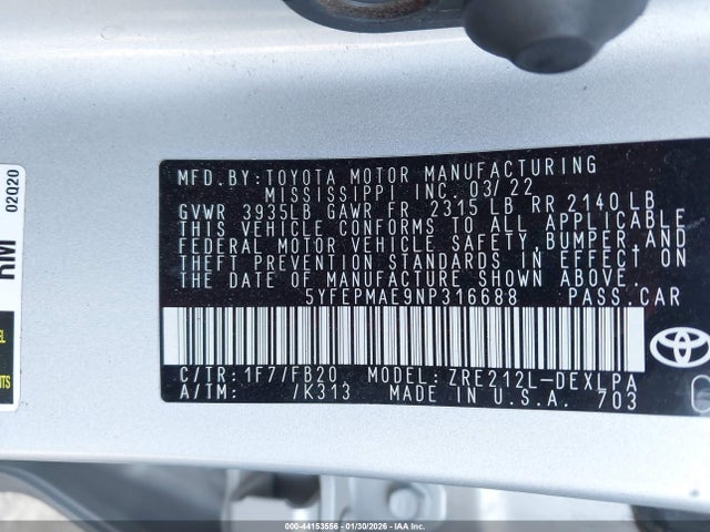 Toyota COROLLA LE 2022 5YFEPMAE9NP316688 Image 9