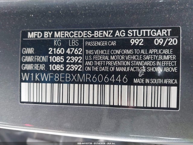 Aukcja sprzedaży 2021 Mercedes-benz C 300 4matic, vin: W1KWF8EBXMR606446, numer aukcji: 44153726