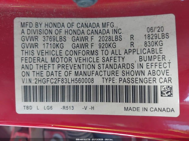 2HGFC2F83LH560008 Honda Civic Sport
