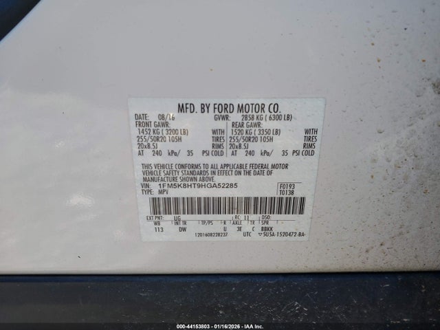 Продаж на аукціоні авто 2017 Ford Explorer Platinum, vin: 1FM5K8HT9HGA52285, номер лоту: 44153803
