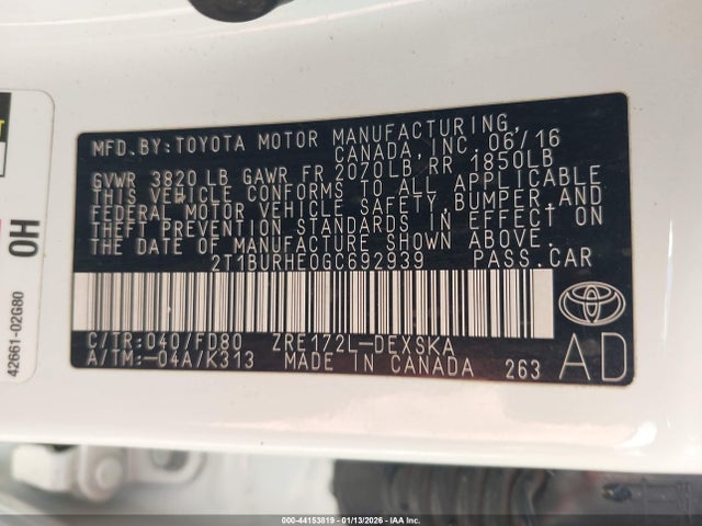 2T1BURHE0GC692939 Toyota Corolla S Plus