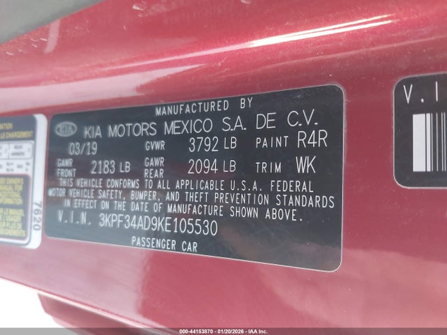 3KPF34AD9KE105530 KIA FORTE S
