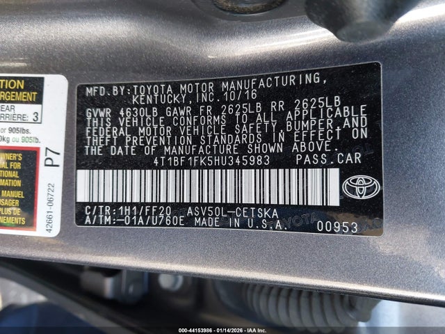 2017 Toyota Camry Se მანქანა იყიდება აუქციონზე, vin: 4T1BF1FK5HU345983, აუქციონის ნომერი: 44153986
