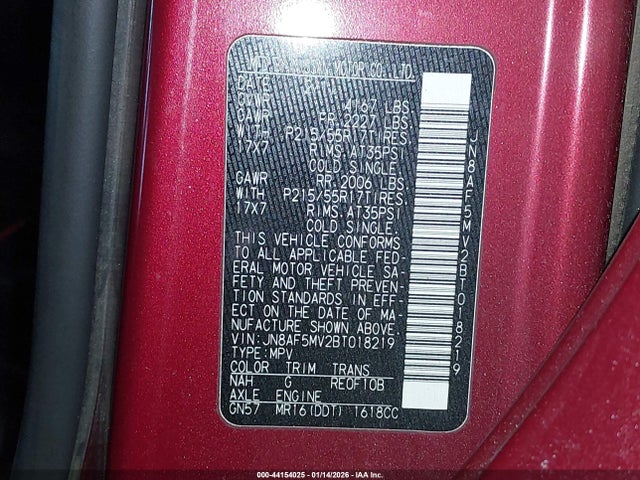 2011 Nissan Juke Sl მანქანა იყიდება აუქციონზე, vin: JN8AF5MV2BT018219, აუქციონის ნომერი: 44154025