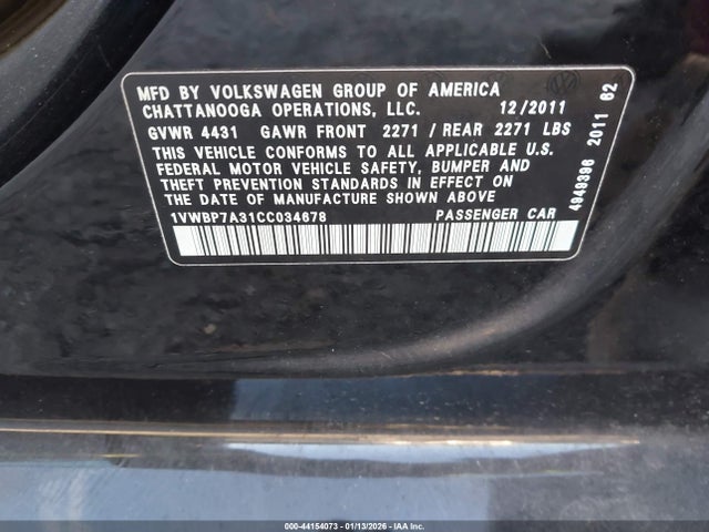 44154073 :رقم المزاد ، 1VWBP7A31CC034678 vin ، 2012 Volkswagen Passat 2.5l Se مزاد بيع