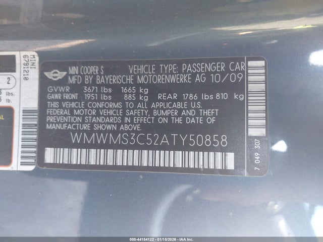 2010 MINI COOPER S WMWMS3C52ATY50858 Photo 8