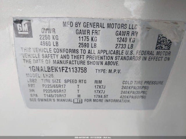 Продажа на аукционе авто 2015 Chevrolet Equinox 1lt, vin: 1GNALBEK1FZ113758, номер лота: 44154146