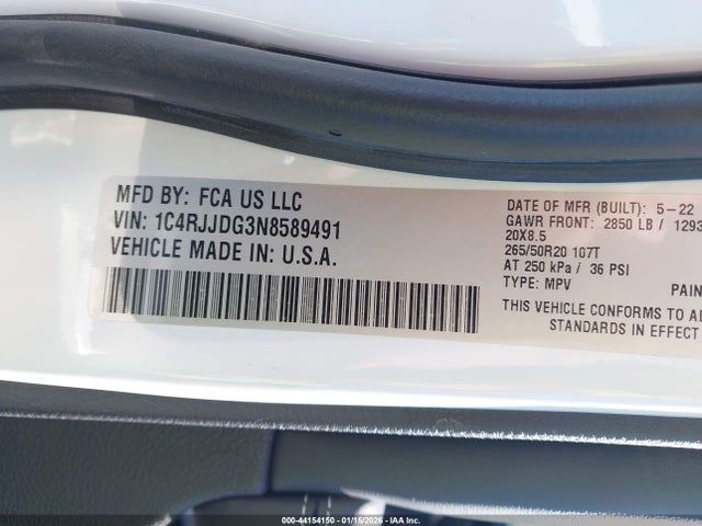 Продажа на аукционе авто 2022 Jeep Grand Cherokee L Overland 4x2, vin: 1C4RJJDG3N8589491, номер лота: 44154150