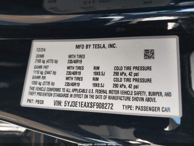 5YJ3E1EAXSF908272 Tesla Model 3 Long Range Rear-wheel Drive/standard Rear-wheel Drive