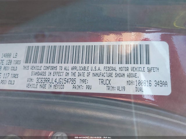 44154292 :رقم المزاد ، 3C63RRJL4JG154795 vin ، 2018 Ram 3500 Laramie  4x4 8' Box مزاد بيع