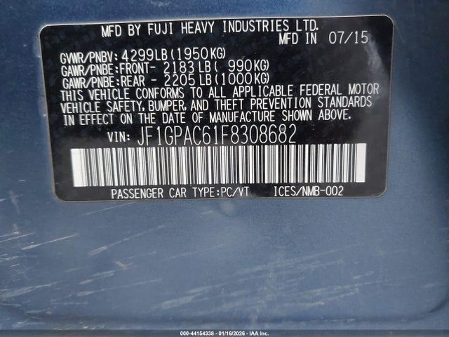 Продаж на аукціоні авто 2015 Subaru Impreza 2.0i Premium, vin: JF1GPAC61F8308682, номер лоту: 44154338