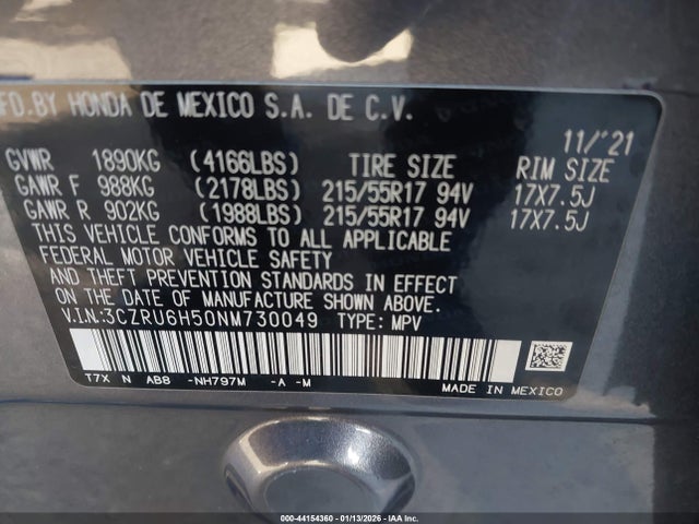 3CZRU6H50NM730049 Honda Hr-v Awd Ex
