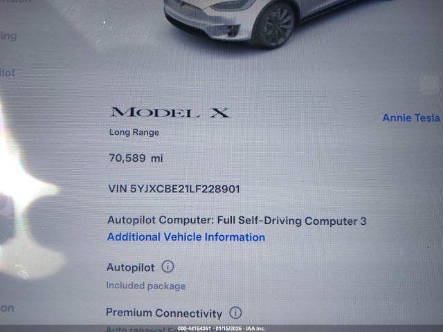 Aukcja sprzedaży 2020 Tesla Model X Long Range Dual Motor All-wheel Drive/long Range Plus Dual Motor All-wheel Drive, vin: 5YJXCBE21LF228901, numer aukcji: 44154361