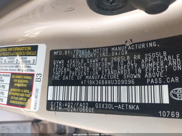 44154398 :رقم المزاد ، 4T1BK36B88U309096 vin ، 2008 Toyota Avalon Xl مزاد بيع