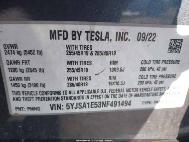 2022 TESLA MODEL S 5YJSA1E53NF491494 Photo 8