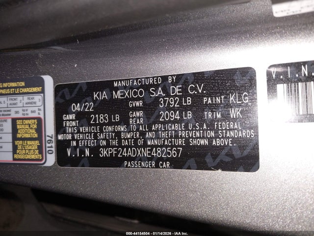 3KPF24ADXNE482567 KIA Forte Lxs