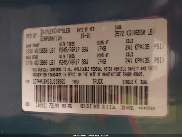 Aukcja sprzedaży 2002 Dodge Ram 1500 St, vin: 1D7HA16N12J158021, numer aukcji: 44154607