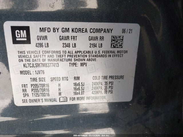 KL7CJLSM7MB377413 Chevrolet Trax Fwd Lt