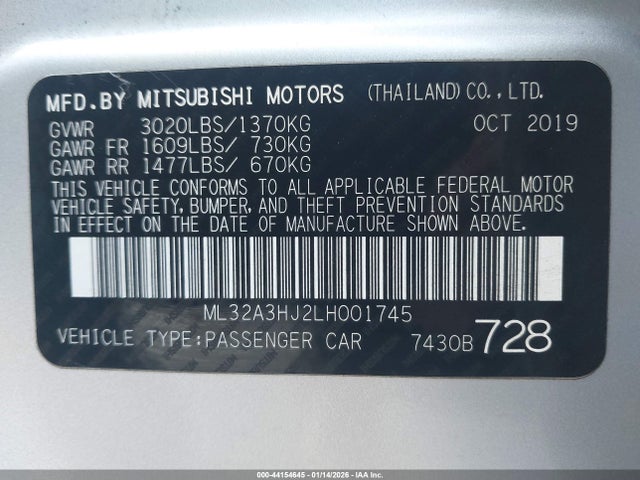 Продаж на аукціоні авто 2020 Mitsubishi Mirage Es, vin: ML32A3HJ2LH001745, номер лоту: 44154645
