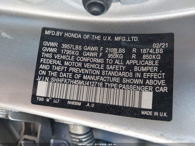 SHHFK7H45MU412716 Honda Civic Sport