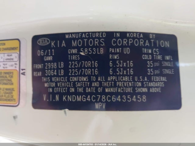 44154783 :رقم المزاد ، KNDMG4C78C6435458 vin ، 2012 Kia Sedona Lx مزاد بيع