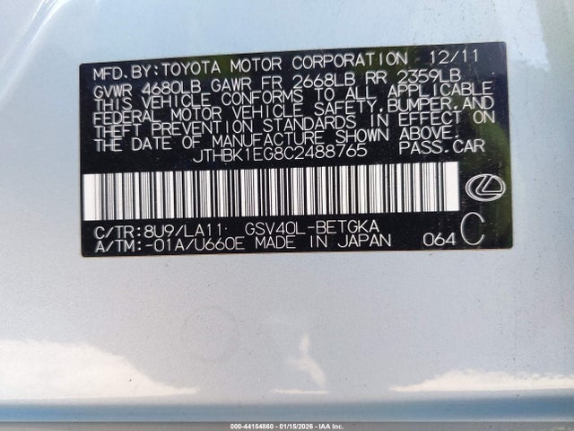 Aukcja sprzedaży 2012 Lexus Es 350, vin: JTHBK1EG8C2488765, numer aukcji: 44154860
