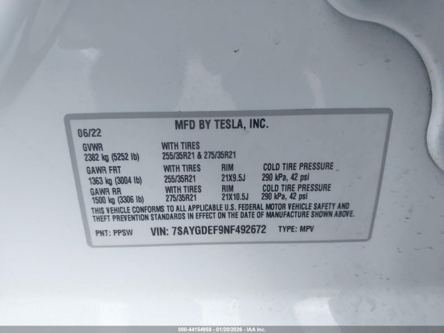 Aukcja sprzedaży 2022 Tesla Model Y Performance Dual Motor All-wheel Drive, vin: 7SAYGDEF9NF492672, numer aukcji: 44154958