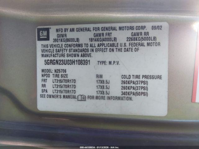 2003 HUMMER H2 5GRGN23U03H108391 Photo 8