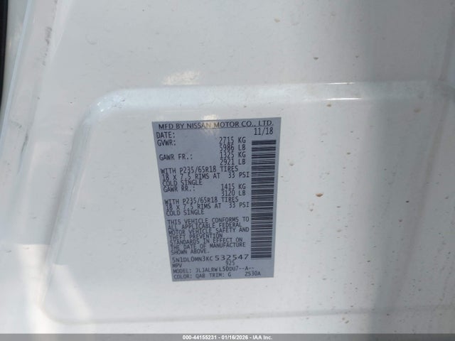 44155231 :رقم المزاد ، 5N1DL0MN3KC532547 vin ، 2019 Infiniti Qx60 Luxe مزاد بيع
