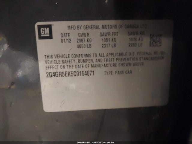 44155311 :رقم المزاد ، 2G4GR5EK5C9164071 vin ، 2012 Buick Regal مزاد بيع