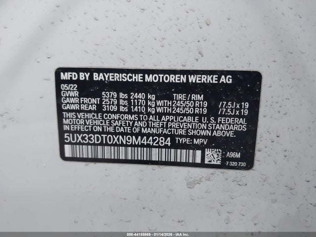 2022 Bmw X4 Xdrive30i მანქანა იყიდება აუქციონზე, vin: 5UX33DT0XN9M44284, აუქციონის ნომერი: 44155569