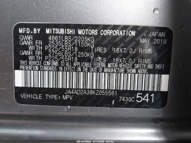 2019 MITSUBISHI OUTLANDER JA4AD2A38KZ055561 Photo 8