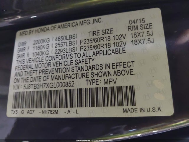 44155639 :رقم المزاد ، 5J8TB3H7XGL000852 vin ، 2016 Acura Rdx Advance Package مزاد بيع