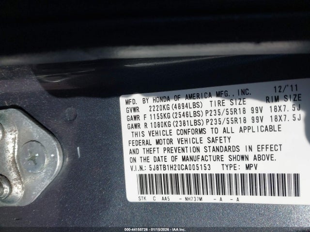 44155726 :رقم المزاد ، 5J8TB1H20CA005153 vin ، 2012 Acura Rdx مزاد بيع
