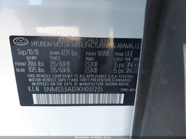 Aukcja sprzedaży 2019 Hyundai Santa Fe Limited, vin: 5NMS53AD1KH037235, numer aukcji: 44155741