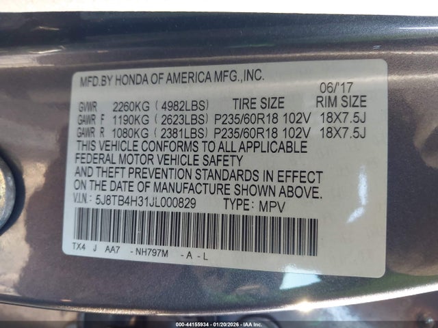 Aukcja sprzedaży 2018 Acura Rdx Acurawatch Plus Package, vin: 5J8TB4H31JL000829, numer aukcji: 44155934