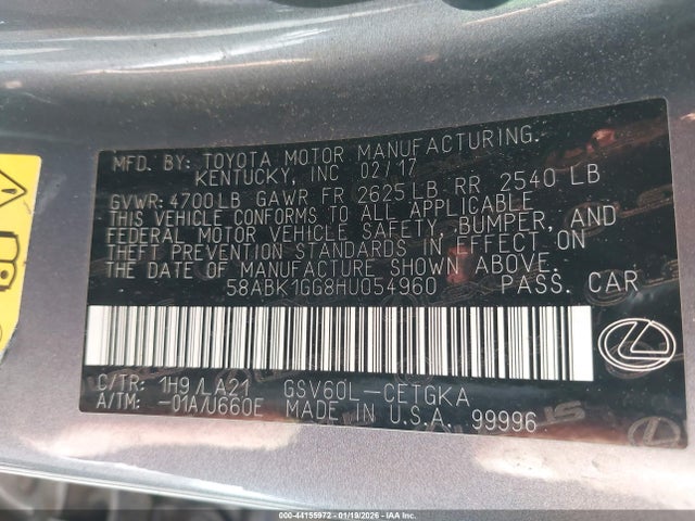 44155972 :رقم المزاد ، 58ABK1GG8HU054960 vin ، 2017 Lexus Es 350 مزاد بيع
