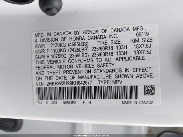 2HKRW2H99KH642677 Honda Cr-v Touring