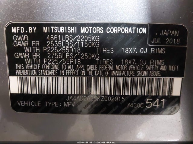 2019 MITSUBISHI OUTLANDER JA4AD2A35KZ002915 Photo 8
