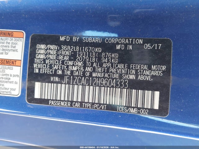 44156404 :رقم المزاد ، JF1ZCAC12H9604333 vin ، 2017 Subaru Brz Limited مزاد بيع