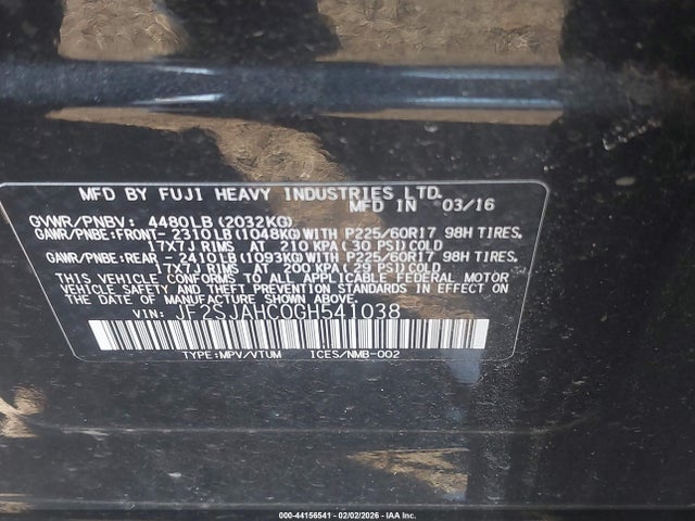 Продажа на аукционе авто 2016 Subaru Forester 2.5i Limited, vin: JF2SJAHC0GH541038, номер лота: 44156541
