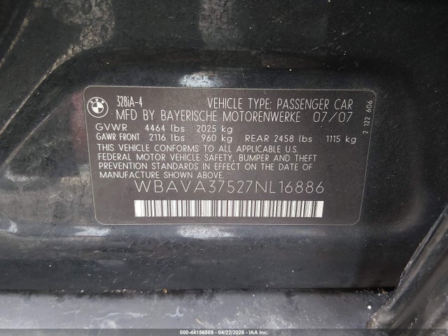 2007 Bmw 328i მანქანა იყიდება აუქციონზე, vin: WBAVA37527NL16886, აუქციონის ნომერი: 44156589